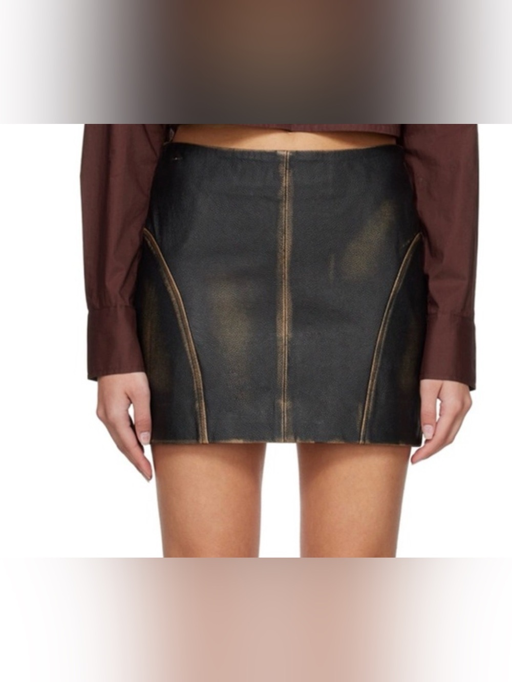 DKNY Black Leather Mini Skirt with Contrast Topstitching